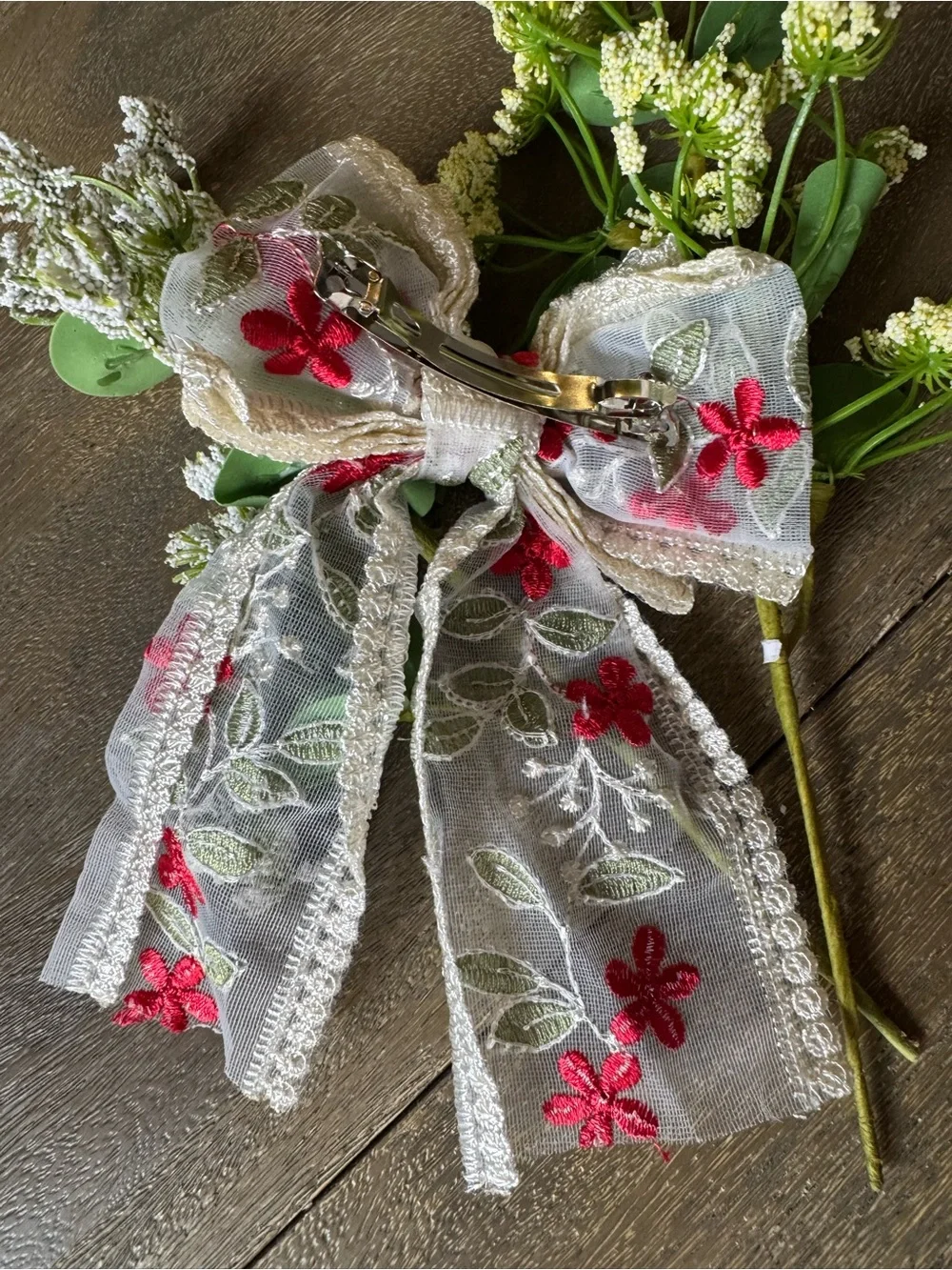 Embroidered Floral Lace Hair Bow in Red and Cream